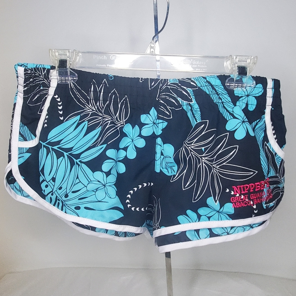 INGEAR size XL-  Black With Turqoise Floral Design Shorts-White Trim-side Pocket